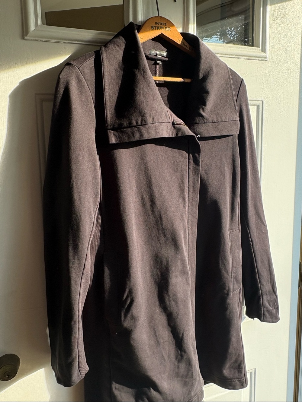 Eileen Fisher Black Asymmetrical Zip Jacket Size S Funnel Collar Cotton Stretch